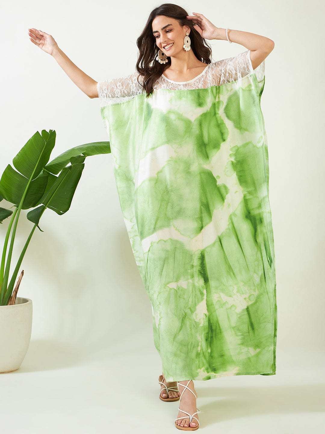Women's Cotton Tie Dye Print Lace Trim, V-Neck, Full Length, Beach Casual Wear, Spring Collection Kaftan ( Green White ) - Image 6
