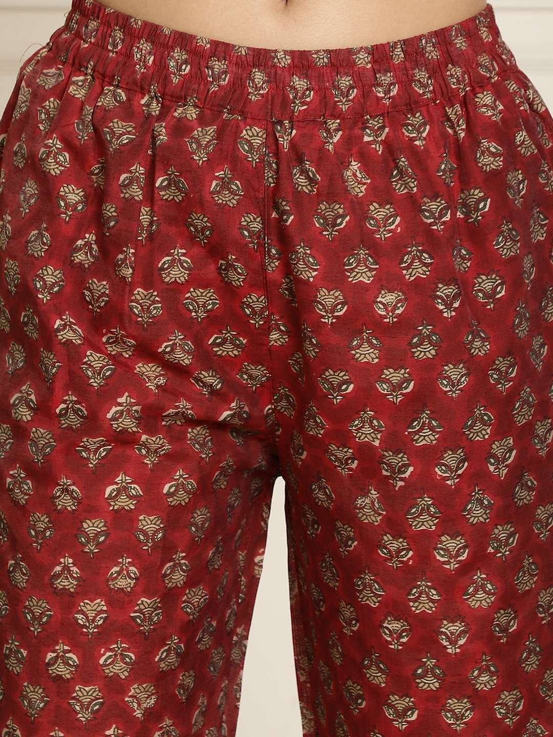 Women's Pure Cotton Printed Collared Top and Pant Co-ord Set (Maroon) - Image 7