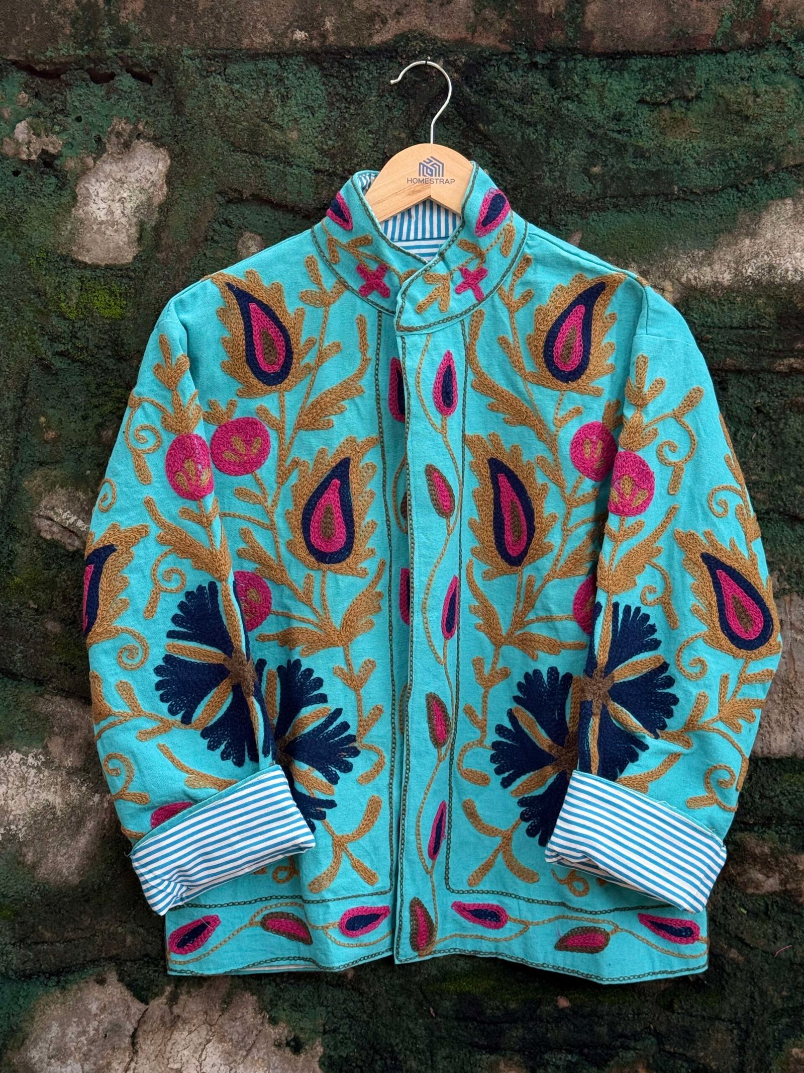 Womens Teal Blue Velvet Embroidered Jacket with Floral Design - Image 6