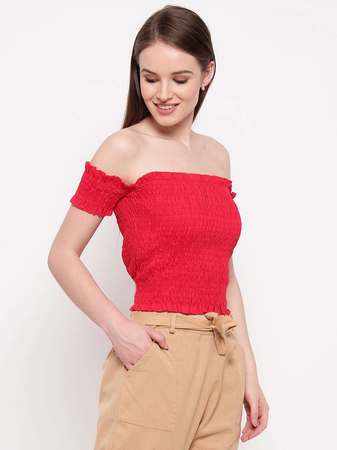 Women's Rayon Solid Off-Shoulder Smocked Crop Top Short Sleeve Casual Styles Tank Top (FREE SIZE) Multi28 - Image 2